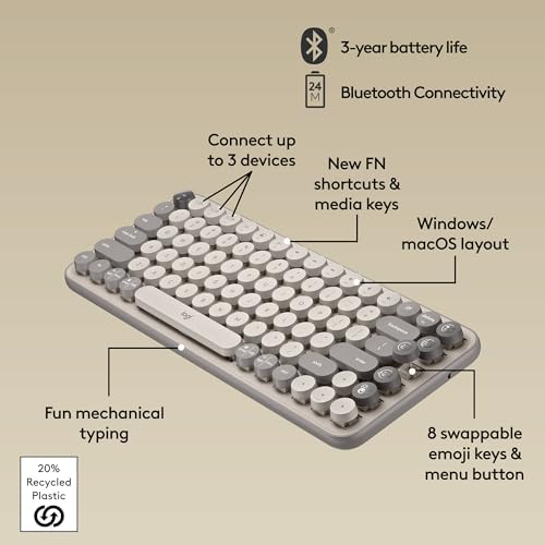 Logitech POP Keys Mechanical Wireless Keyboard with Customizable Emoji Keys  Durable Compact Design  Bluetooth or USB Connectivity  Multi Device  OS Compatible   Mist