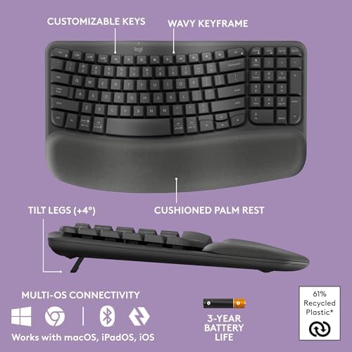 Logitech Wave Keys Wireless Ergonomic Keyboard with Cushioned Palm Rest  Comfortable Natural Typing  Easy Switch  Bluetooth  Logi Bolt Receiver  for Multi OS  Windows/Mac   Graphite