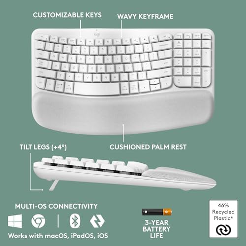 Logitech Wave Keys Wireless Ergonomic Keyboard with Cushioned Palm Rest  Comfortable Natural Typing  Easy Switch  Bluetooth  Logi Bolt Receiver  for Multi OS  Windows/Mac   Graphite