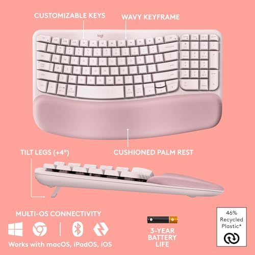 Logitech Wave Keys Wireless Ergonomic Keyboard with Cushioned Palm Rest  Comfortable Natural Typing  Easy Switch  Bluetooth  Logi Bolt Receiver  for Multi OS  Windows/Mac   Graphite