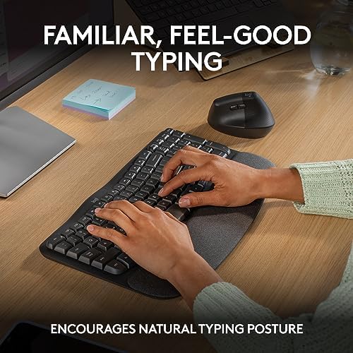 Logitech Wave Keys Wireless Ergonomic Keyboard with Cushioned Palm Rest  Comfortable Natural Typing  Easy Switch  Bluetooth  Logi Bolt Receiver  for Multi OS  Windows/Mac   Graphite