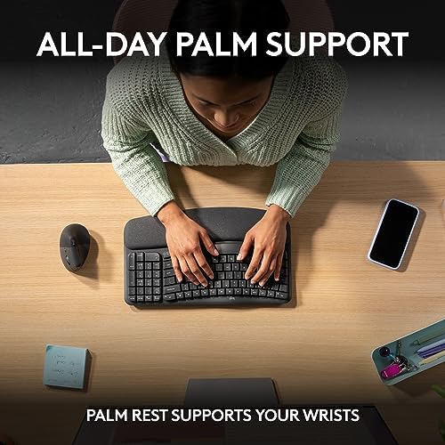 Logitech Wave Keys Wireless Ergonomic Keyboard with Cushioned Palm Rest  Comfortable Natural Typing  Easy Switch  Bluetooth  Logi Bolt Receiver  for Multi OS  Windows/Mac   Graphite