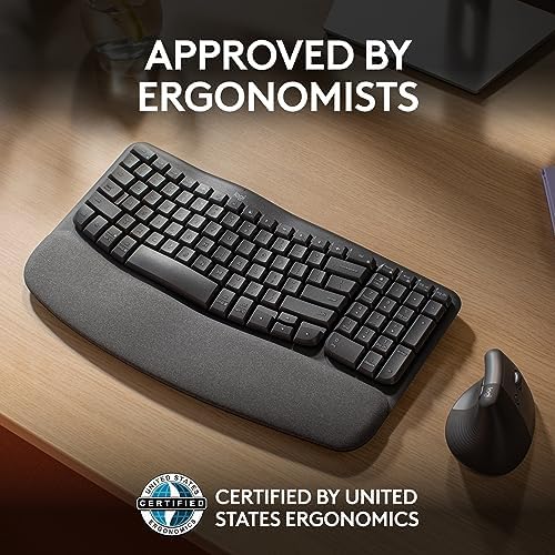 Logitech Wave Keys Wireless Ergonomic Keyboard with Cushioned Palm Rest  Comfortable Natural Typing  Easy Switch  Bluetooth  Logi Bolt Receiver  for Multi OS  Windows/Mac   Graphite