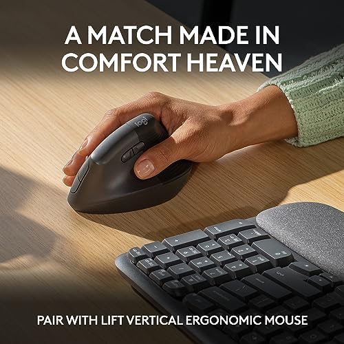Logitech Wave Keys Wireless Ergonomic Keyboard with Cushioned Palm Rest  Comfortable Natural Typing  Easy Switch  Bluetooth  Logi Bolt Receiver  for Multi OS  Windows/Mac   Graphite