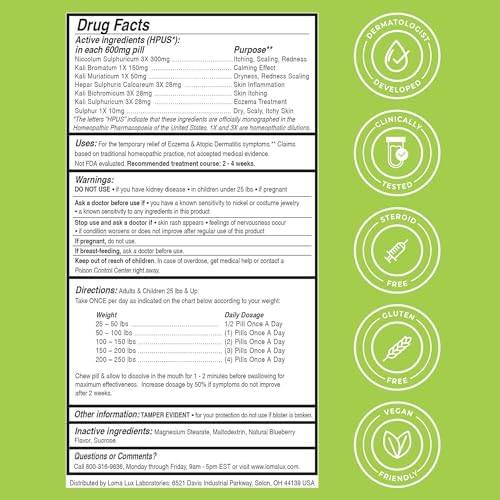 Loma Lux Eczema Pills   Natural Eczema Treatment Relief Remedy   Dermatologist Developed   7 Minerals Clear & Prevent Severe Eczema Scaling  Rash  Anti Itch Skin Body Face for Adults  Kids  Toddlers