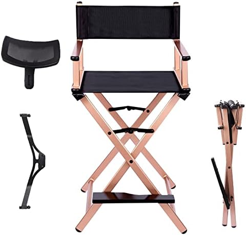 Lorvain Folable Makeup Artist Stool Chair  Protable Tall Folding Directors Chair  Aluminum Makeup Chair with Head Rest for Studio Salon Vanity  Bar Height   Gold Chairs