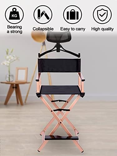Lorvain Folable Makeup Artist Stool Chair  Protable Tall Folding Directors Chair  Aluminum Makeup Chair with Head Rest for Studio Salon Vanity  Bar Height   Gold Chairs
