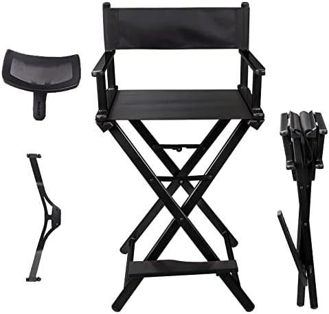Lorvain Folable Makeup Artist Stool Chair  Protable Tall Folding Directors Chair  Aluminum Makeup Chair with Head Rest for Studio Salon Vanity  Bar Height   Gold Chairs