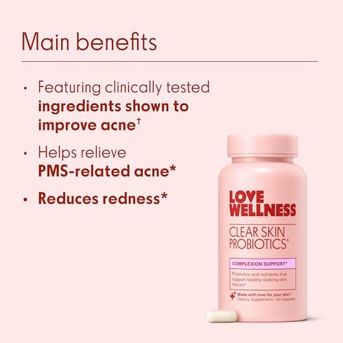 Love Wellness Clear Skin Probiotic   Clear Up Hormonal Acne Pimples  Redness & Pore Minimizer   Skin Care with Zinc  Bifidobacterium Longum & Chaste Tree Fruit Extract   Acne Treatment   30 Count