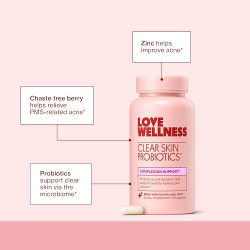 Love Wellness Clear Skin Probiotic   Clear Up Hormonal Acne Pimples  Redness & Pore Minimizer   Skin Care with Zinc  Bifidobacterium Longum & Chaste Tree Fruit Extract   Acne Treatment   30 Count