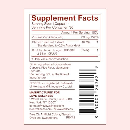 Love Wellness Clear Skin Probiotic   Clear Up Hormonal Acne Pimples  Redness & Pore Minimizer   Skin Care with Zinc  Bifidobacterium Longum & Chaste Tree Fruit Extract   Acne Treatment   30 Count