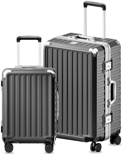 Luggage Sets with Spinner Wheels  8010S Aluminum Frame Zipperless Polycarbonate Hard Shell Suitcase Sets  ZX Core  Charcoal Metallic  2 Piece  20/28  