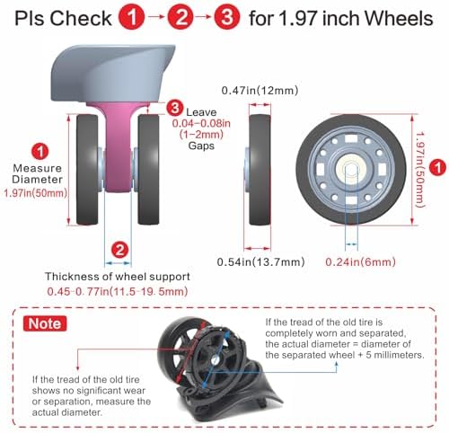Luggage Wheels Replacement Kit 50mm x 12mm  Suitcase Replacement Wheels with Black Screws Axles Bearings  Repair Suitcase Caster Set for Trolley Bag Travel  8PCS 