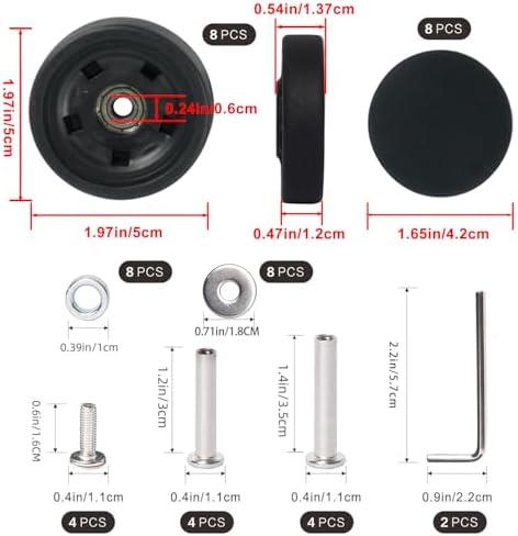 Luggage Wheels Replacement Kit 50mm x 12mm  Suitcase Replacement Wheels with Black Screws Axles Bearings  Repair Suitcase Caster Set for Trolley Bag Travel  8PCS 