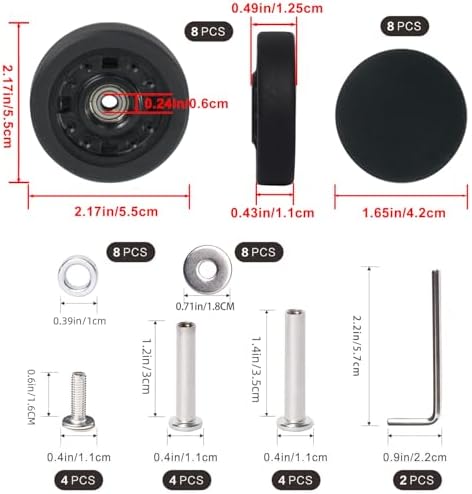 Luggage Wheels Replacement Kit 50mm x 12mm  Suitcase Replacement Wheels with Black Screws Axles Bearings  Repair Suitcase Caster Set for Trolley Bag Travel  8PCS 