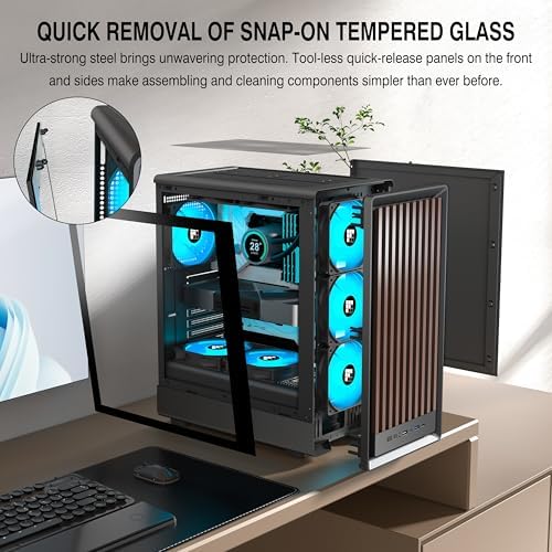 Funda de PC M1 - Panel frontal nogal preinstalado 4 PWM ARGB ventilador, ATX Mid-Tower Gaming PC Case con tipo C, FOIFKIN (negro, M1)