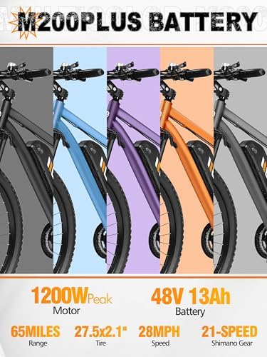 M200 Electric Bike for Adults   21 Speed Gear 27 5 Mountain E Bike  1200W Peak Brushless Motor 28MPH  48V 10 4Ah&13Ah Removable Battery  Up to 55 65 Miles Range  Step Over Commuter E MTB  NFC Unlock