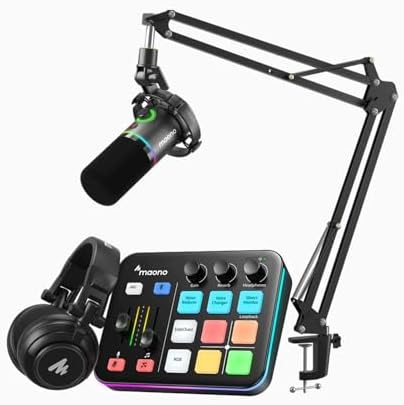 MAONO Gaming Streaming Equipment Bundle  Audio Interface Mixer XLR Dynamic Mic Studio Headphone RGB Noise Reduction Live Streaming Podcasting MaonoCaster PD200XS&G1 NEO&MH601
