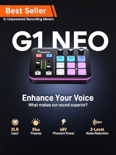 MAONO Gaming Streaming Equipment Bundle  Audio Interface Mixer XLR Dynamic Mic Studio Headphone RGB Noise Reduction Live Streaming Podcasting MaonoCaster PD200XS&G1 NEO&MH601
