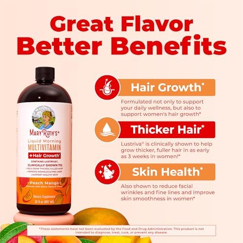 MARYRUTHS Liquid Multivitamin Hair Growth   Clinically Tested for Thicker Hair & Facial Wrinkles in Women   Biotin 10000mcg   Lustriva Hair Growth Supplement   Skin Care   Age 18    30 Fl Oz