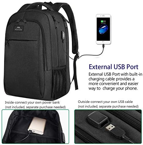 MATEIN Business Laptop Backpack  15 6 Inch Travel Laptop Bag Rucksack with USB Charging Port  Water Resistant Bag Daypack for Work College Computer Men Women Backpack  Black