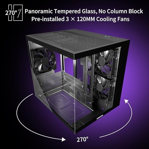 MATX PC Case 270  Panoramic Tempered Glass Panel Gaming PC Case 3 Fans Pre Installed Micro ATX Computer Case USB 3 0 Black V3 