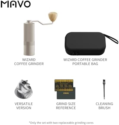 MAVO Manual Coffee Grinder  Wizard Hand Coffee Grinder  Capacity 25g with CNC Stainless Steel Pentagon Conical Burr  Adjustable Setting  Burr Coffee Bean Grinder for French Press  Pour Over  Silver