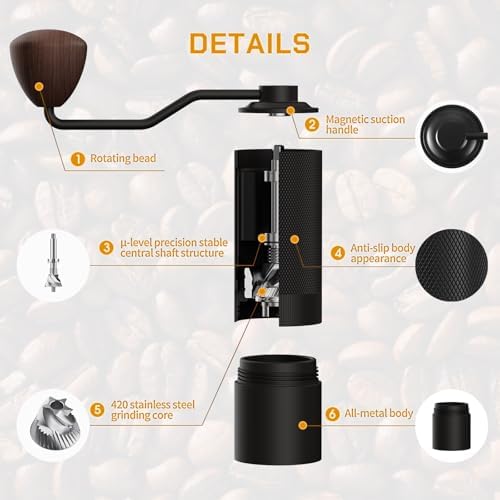 MAVO Manual Coffee Grinder  Wizard Hand Coffee Grinder  Capacity 25g with CNC Stainless Steel Pentagon Conical Burr  Adjustable Setting  Burr Coffee Bean Grinder for French Press  Pour Over  Silver
