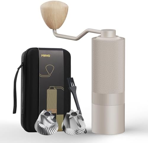 MAVO Manual Coffee Grinder  Wizard Hand Coffee Grinder  Capacity 25g with CNC Stainless Steel Pentagon Conical Burr  Adjustable Setting  Burr Coffee Bean Grinder for French Press  Pour Over  Silver