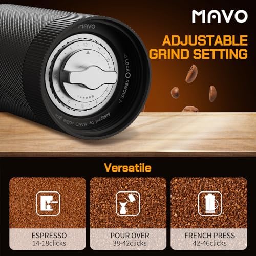 MAVO Manual Coffee Grinder  Wizard Hand Coffee Grinder  Capacity 25g with CNC Stainless Steel Pentagon Conical Burr  Adjustable Setting  Burr Coffee Bean Grinder for French Press  Pour Over  Silver