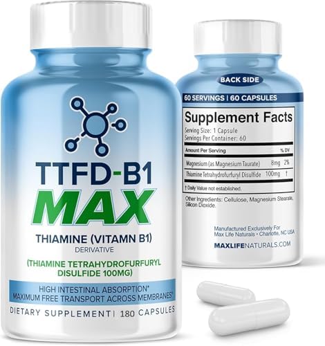 MAXLIFE NATURALS TTFD Thiamine B1 Supplement 180 Capsules Made in USA  Thiamine TTFD Vitamin B1 MAX  High Potency Supplement for Energy & Focus  Supports Healthy Nerve Function & Overall Wellness