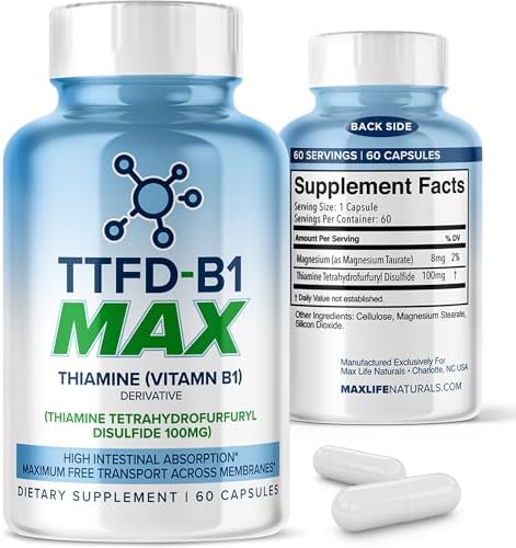 MAXLIFE NATURALS TTFD Thiamine B1 Supplement 180 Capsules Made in USA  Thiamine TTFD Vitamin B1 MAX  High Potency Supplement for Energy & Focus  Supports Healthy Nerve Function & Overall Wellness