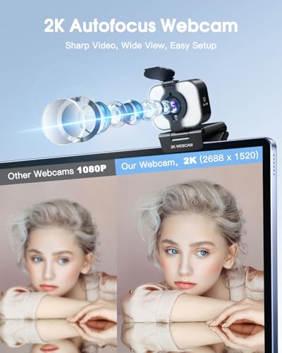 MELCAM 2K Webcam for PC  Web Camera with Microphone  Light  Privacy Cover  Plug and Play Autofocus USB Computer Camera for Laptop  Desktop  PC  Mac  Zoom  Skype  Meeting  Streaming Black