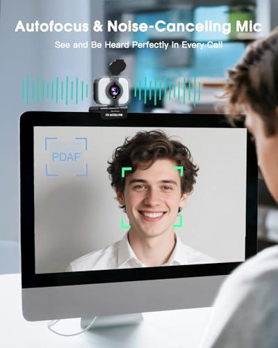 MELCAM 2K Webcam for PC  Web Camera with Microphone  Light  Privacy Cover  Plug and Play Autofocus USB Computer Camera for Laptop  Desktop  PC  Mac  Zoom  Skype  Meeting  Streaming Black