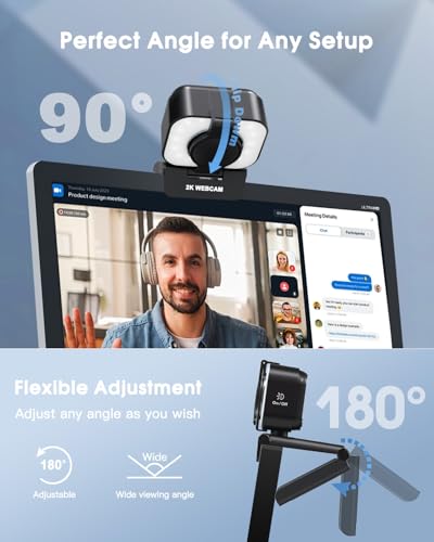 MELCAM 2K Webcam for PC  Web Camera with Microphone  Light  Privacy Cover  Plug and Play Autofocus USB Computer Camera for Laptop  Desktop  PC  Mac  Zoom  Skype  Meeting  Streaming Black