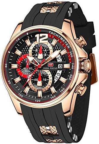 MF MINI FOCUS Men Watch Casual Fashion Wrist Watches  Chronograph/Waterproof/Luminous/Calendar  Silicon Band Quartz Watches for Men  Black2 