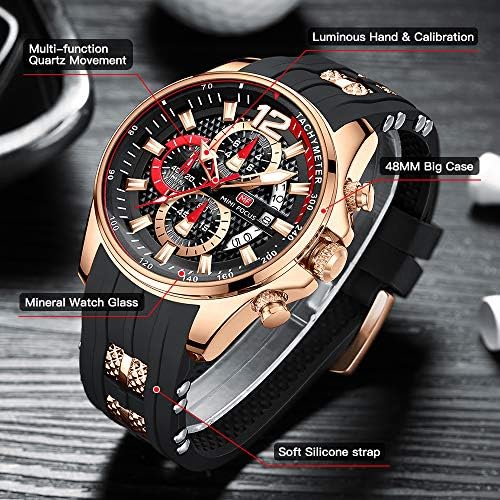 MF MINI FOCUS Men Watch Casual Fashion Wrist Watches  Chronograph/Waterproof/Luminous/Calendar  Silicon Band Quartz Watches for Men  Black2 