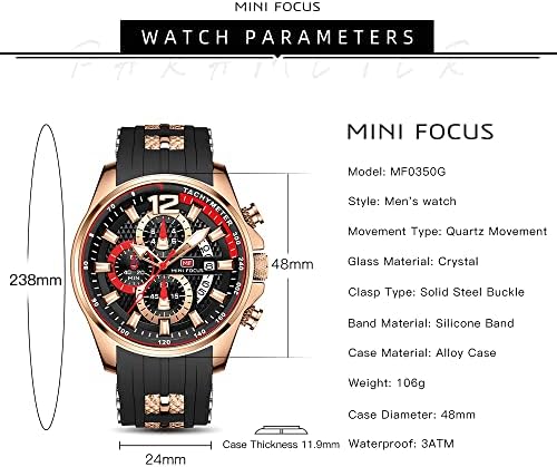 MF MINI FOCUS Men Watch Casual Fashion Wrist Watches  Chronograph/Waterproof/Luminous/Calendar  Silicon Band Quartz Watches for Men  Black2 