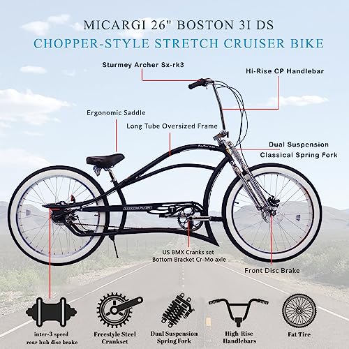 MICARGI 26 7/GT7/3I DS Speed Bicycles Boston Chopper Style Stretch Cruiser Bikes  Hi Ten Steel Frame for Adult Women Men Multiple Colors