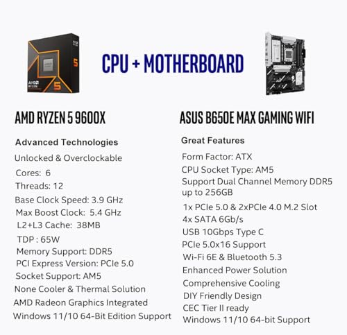 MICRO CENTER AMD Ryzen 5 9600X CPU Processor Bundle with ASUS B650E MAX Gaming WiFi AM5 ATX Motherboard  DDR5  PCIe 5 0  3X M 2  Wi Fi 6E 