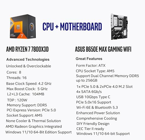 MICRO CENTER AMD Ryzen 7 7800X3D CPU Processor Bundle with ASUS B650E MAX Gaming WiFi AM5 ATX Motherboard  DDR5  PCIe 5 0  3X M 2  Wi Fi 6E