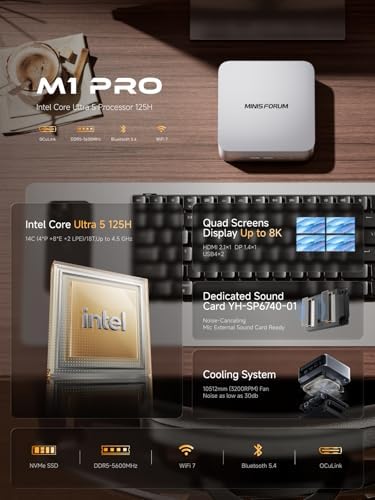 MINISFORUM M1 Pro 125H Mini PC Barebone  Intel Core Ultra 5 125H  14C/18T  Up to 4 5Ghz   Mini Computer HDMI2 1/DP1 4/2xUSB4 8K  Video Display  2 5G LAN  OCuLink Port  Dual Speaker/DMIC  WiFi 7  BT5 4