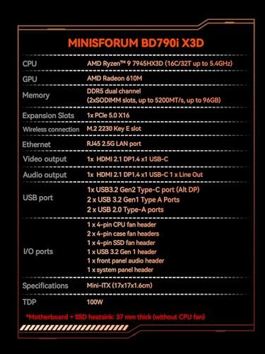 MINISFORUM Motherboard BD795i SE Mini ITX NAS Motherboard  AMD Ryzen 9 7945HX  16 C/32 T PCIe 5 0 x16 Slot  Dual PCIe4 0 M 2 Support  DDR5 8K Triple Output HDMI/DP/USB C   RJ45 2 5G  USB 3 2