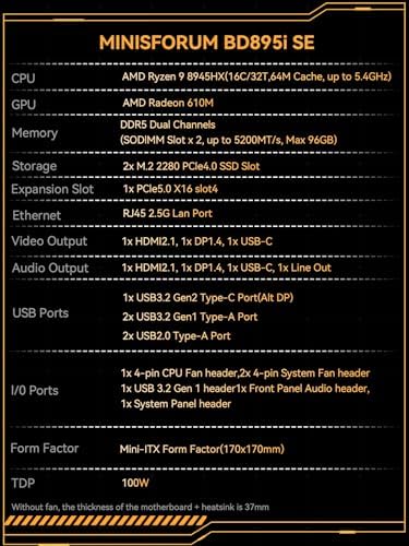 MINISFORUM Motherboard BD895i SE Mini ITX NAS Motherboard  AMD Ryzen 9 8945HX 16 C/32 T PCIe 5 0 x16 Slot  Dual PCIe4 0 M 2 Support  DDR5 8K Triple Output HDMI/DP/USB C   RJ45 2 5G  USB 3 2