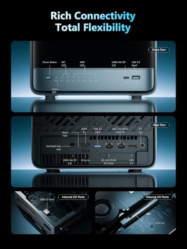 MINISFORUM N5 5 Bay Desktop NAS  AMD Ryzen 7 255 8C/16T   Barebone  128GB SSD  1x 10GbE  1x 5GbE  2X USB4 8K   8K HDMI  OCuLink Port  1xM 2 Slot  2xU 2/M 2 Slots  Network Attached Storage  Diskless