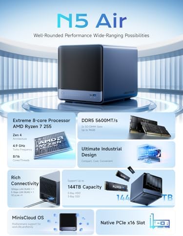 MINISFORUM N5 5 Bay Desktop NAS  AMD Ryzen 7 255 8C/16T   Barebone  128GB SSD  1x 10GbE  1x 5GbE  2X USB4 8K   8K HDMI  OCuLink Port  1xM 2 Slot  2xU 2/M 2 Slots  Network Attached Storage  Diskless