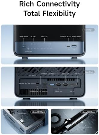 MINISFORUM N5 5 Bay Desktop NAS  AMD Ryzen 7 255 8C/16T   Barebone  128GB SSD  1x 10GbE  1x 5GbE  2X USB4 8K   8K HDMI  OCuLink Port  1xM 2 Slot  2xU 2/M 2 Slots  Network Attached Storage  Diskless