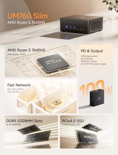 MINISFORUM UM760 Slim Mini PC  AMD Ryzen 5 7640HS Processor  6C/12T  Up to 5 0GHz   Mini Computers 16GB DDR5 RAM & 1TB SSD  HDMI2 1/USB4/DP1 4 Output  1X 2 5G LAN  4X USB Port  WiFi6E/BT5 3  Renewed
