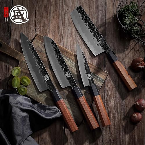 MITSUMOTO SAKARI Japanese Chefs Knife Set 4 Pcs  Professional Hand Forged Kitchen Chef Knife Set  High Carbon Ultra Sharp Cooking Chefs Knife Set  Rosewood Handle & Sandalwood Box