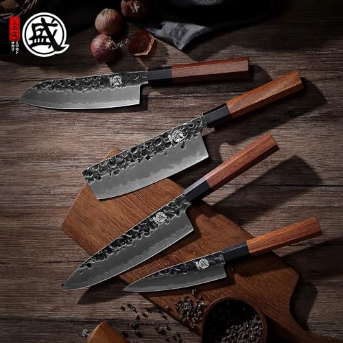 MITSUMOTO SAKARI Japanese Chefs Knife Set 4 Pcs  Professional Hand Forged Kitchen Chef Knife Set  High Carbon Ultra Sharp Cooking Chefs Knife Set  Rosewood Handle & Sandalwood Box